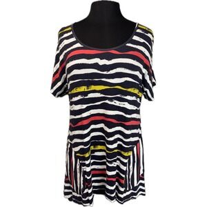 NEW Komil Ribbon Stripe Tops‎ Women's Size M/L Black Red Pockets Short Sleeve